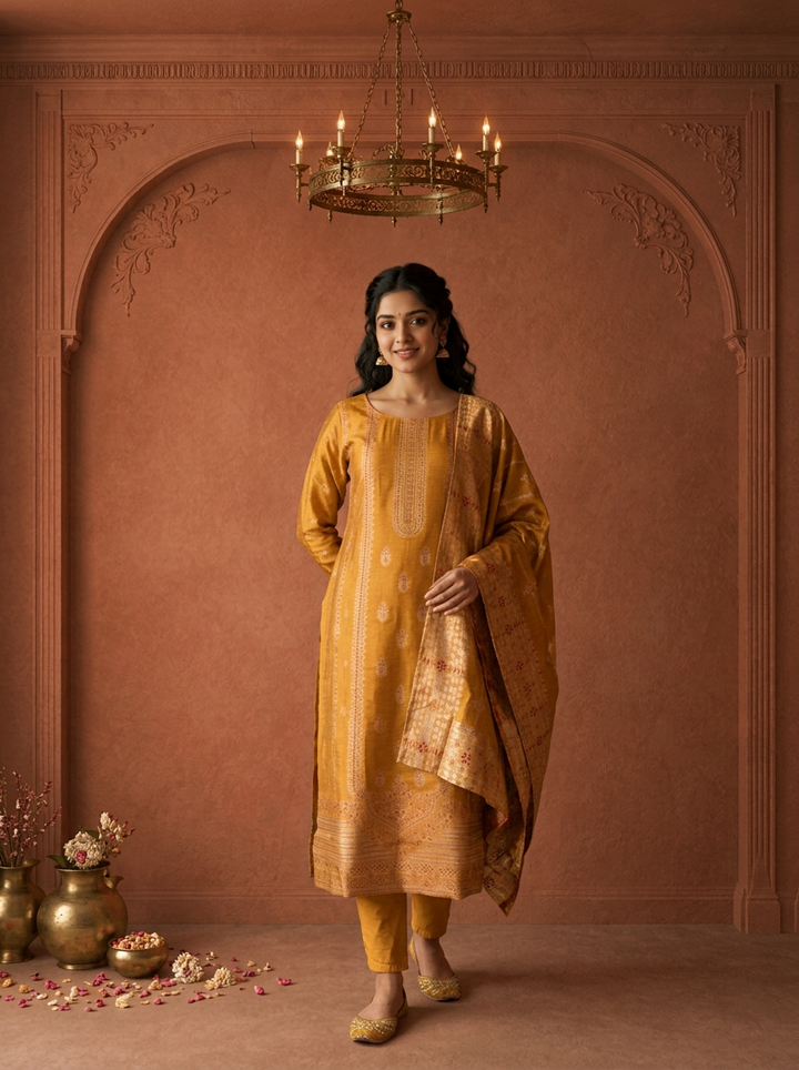 Mustard Silk Turquoise Zari Diagonal Jaal Weaved Three Piece Set