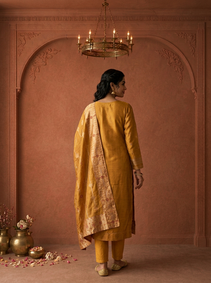 Mustard Silk Turquoise Zari Diagonal Jaal Weaved Three Piece Set
