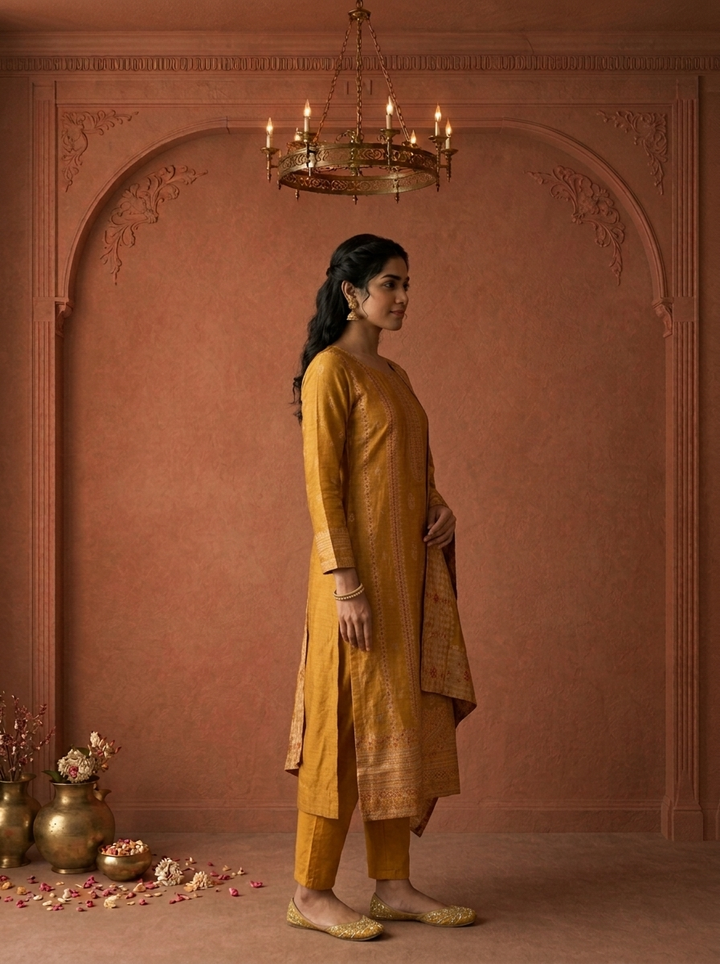 Mustard Silk Turquoise Zari Diagonal Jaal Weaved Three Piece Set