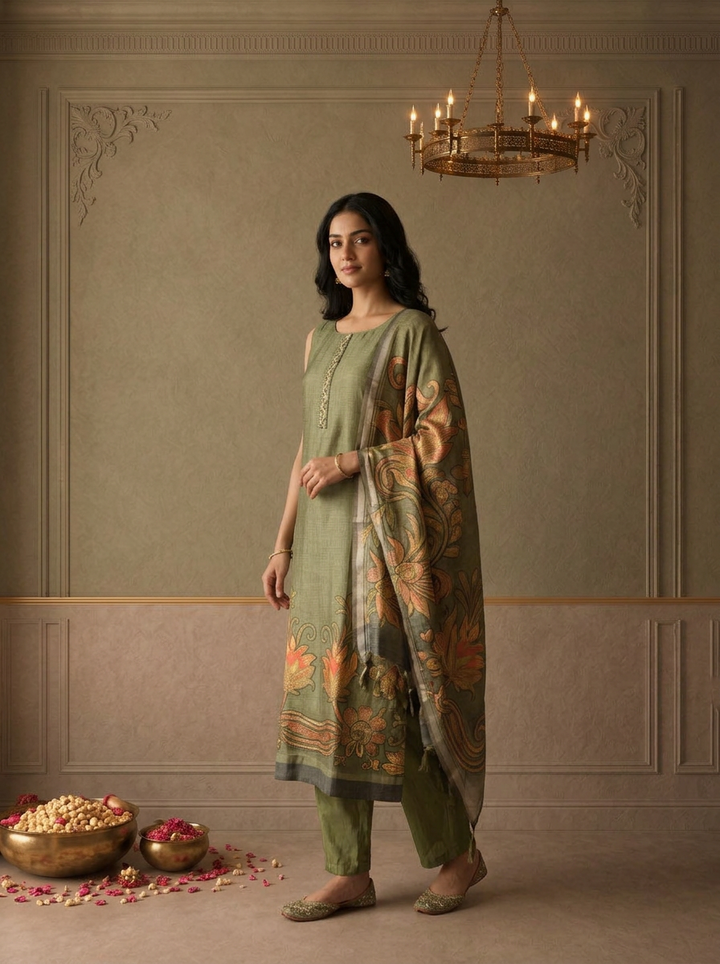 Mehadi Green Silk Vintage Floral Printed Three Piece Set