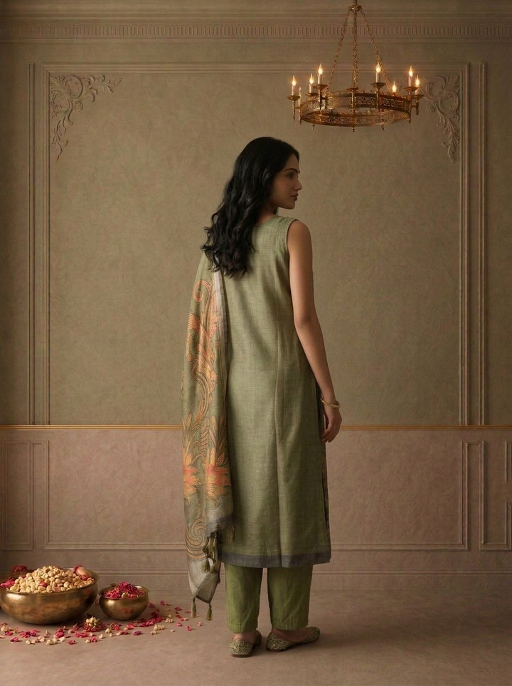 Mehadi Green Silk Vintage Floral Printed Three Piece Set