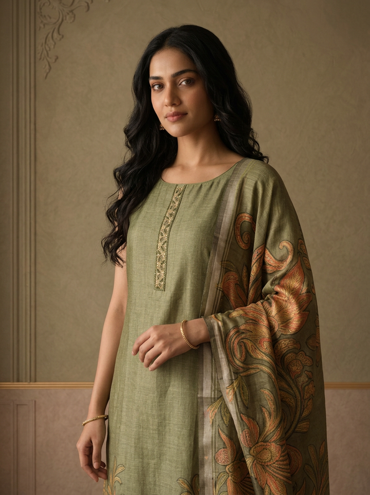 Mehadi Green Silk Vintage Floral Printed Three Piece Set