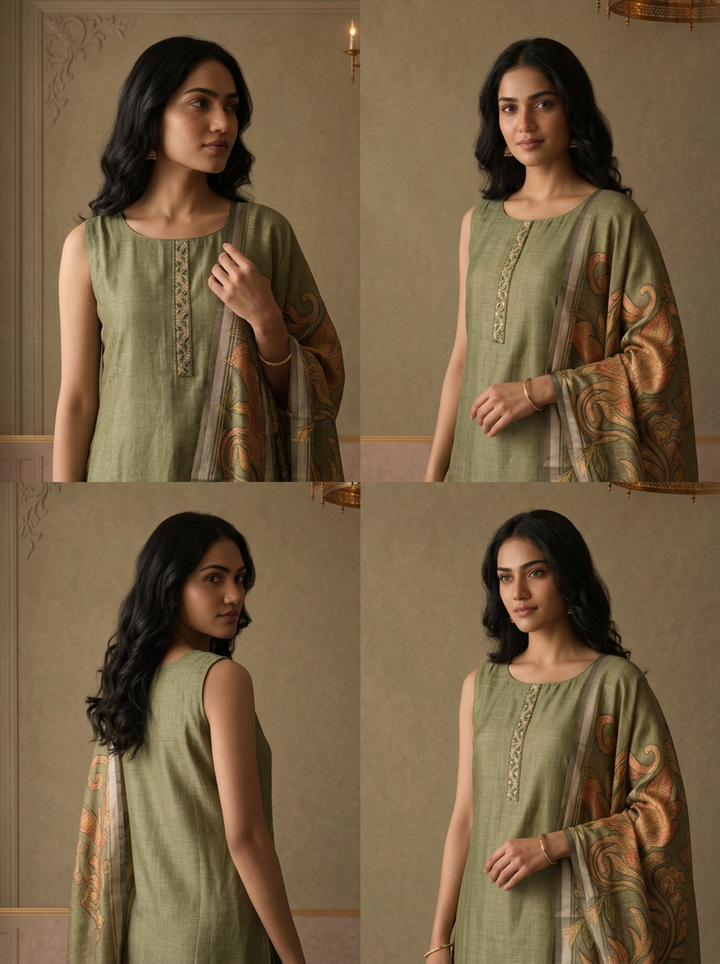 Mehadi Green Silk Vintage Floral Printed Three Piece Set