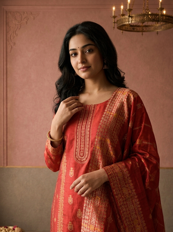 Red Silk Turquoise Zari Diagonal Jaal Weaved Three Piece Set