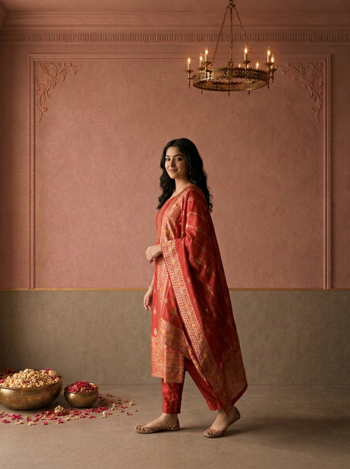 Red Silk Turquoise Zari Diagonal Jaal Weaved Three Piece Set