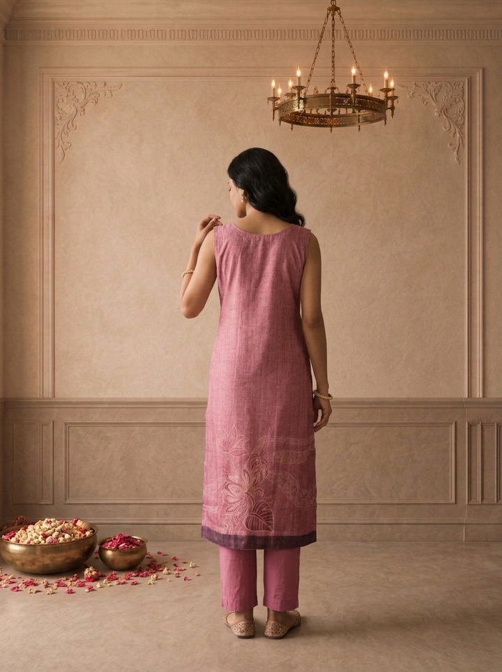 Magenta Silk Tropical Leaf Printed Three Piece Set