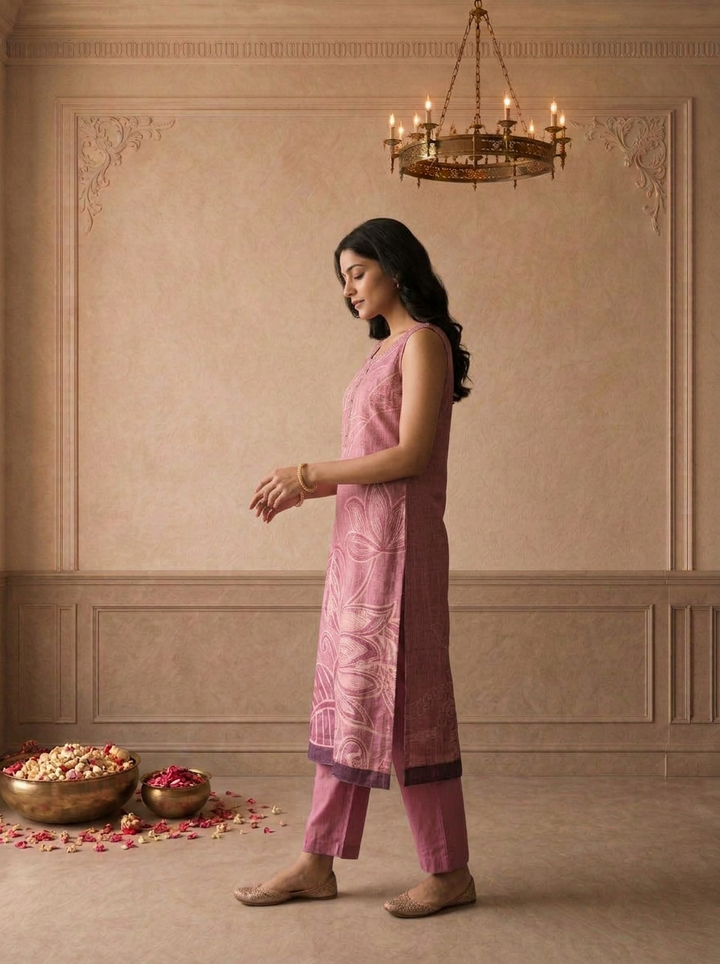 Magenta Silk Tropical Leaf Printed Three Piece Set