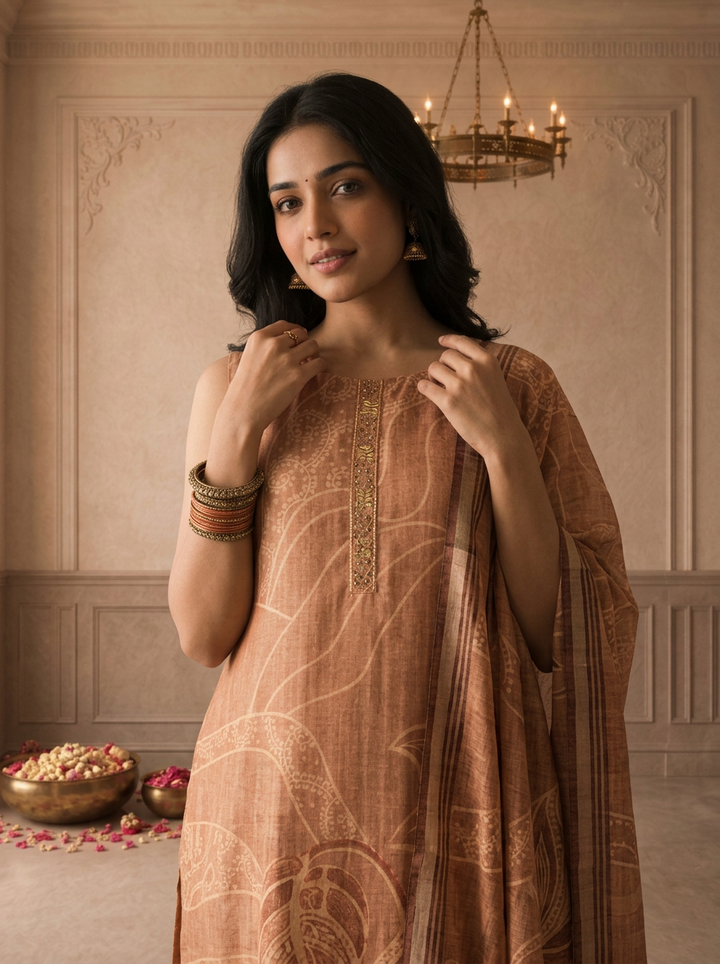 Peach Silk Tropical Leaf Printed Three Piece Set