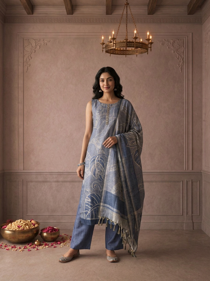 Blue Silk Tropical Leaf Printed Three Piece Set