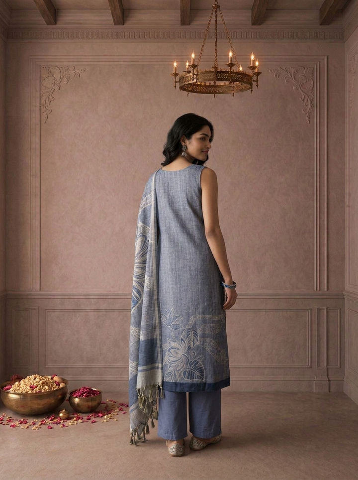 Blue Silk Tropical Leaf Printed Three Piece Set