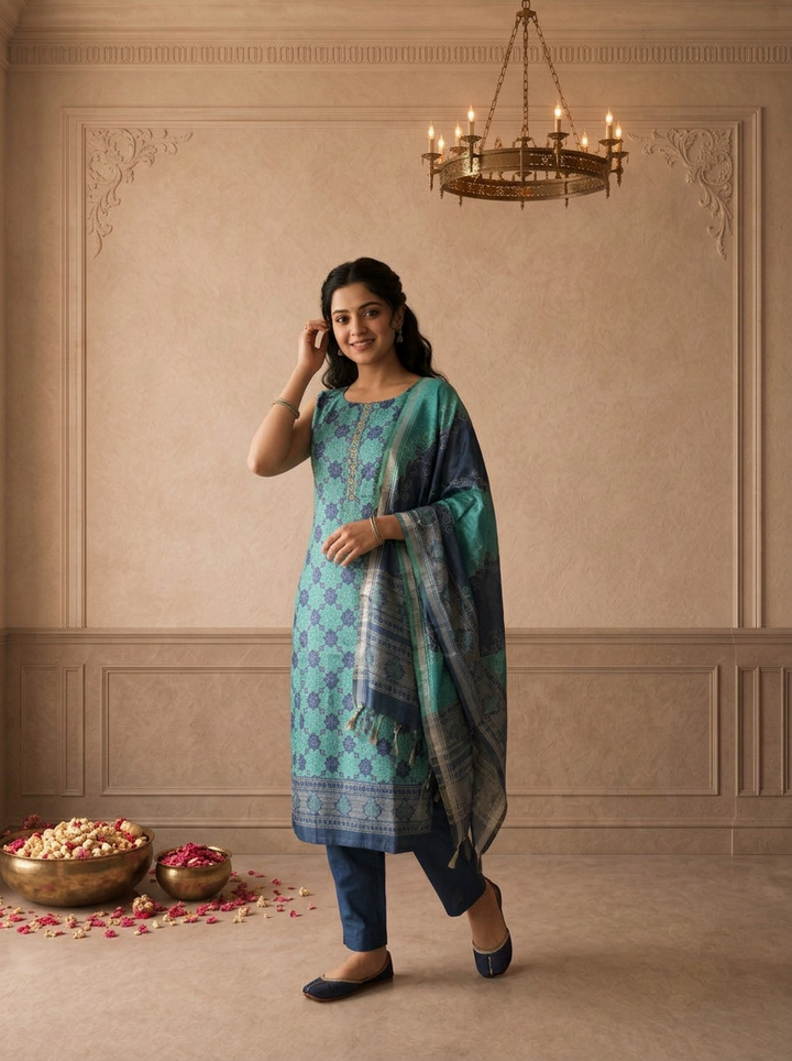 Navy Blue Silk Geometric Floral Printed Three Piece Set