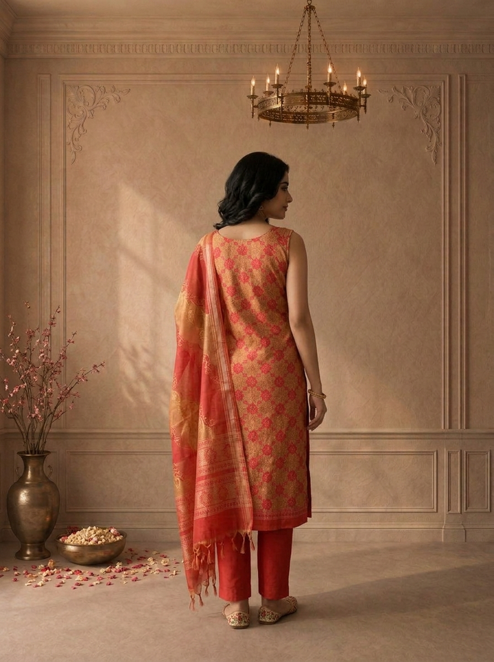 Mustard Silk Geometric Floral Printed Three Piece Set