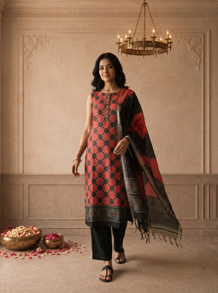 Black Silk Geometric Floral Printed Three Piece Set