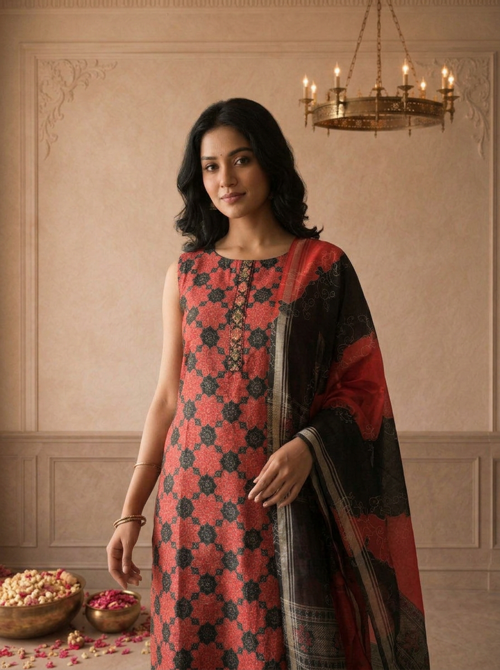 Black Silk Geometric Floral Printed Three Piece Set