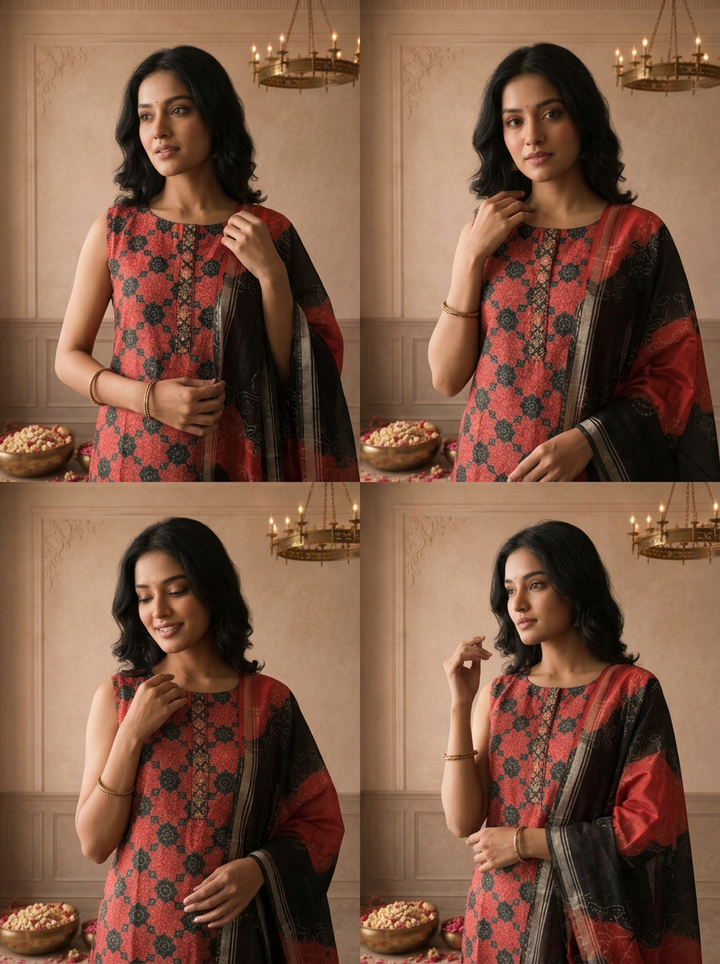 Black Silk Geometric Floral Printed Three Piece Set