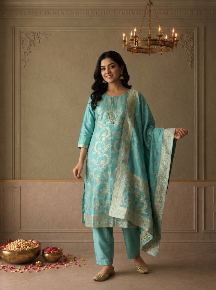 Ice Blue Silk Floral Jaal Zari Weaved Three Piece Set
