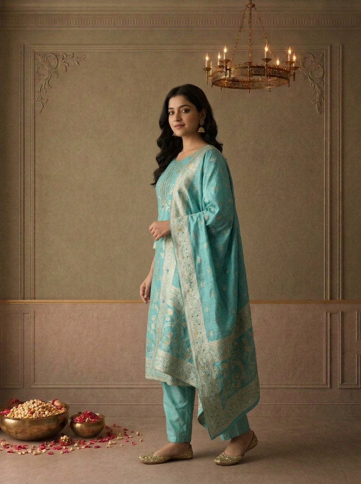 Ice Blue Silk Floral Jaal Zari Weaved Three Piece Set