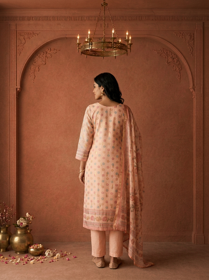 Peach Tissue Blossom Floral Printed Three Piece Set