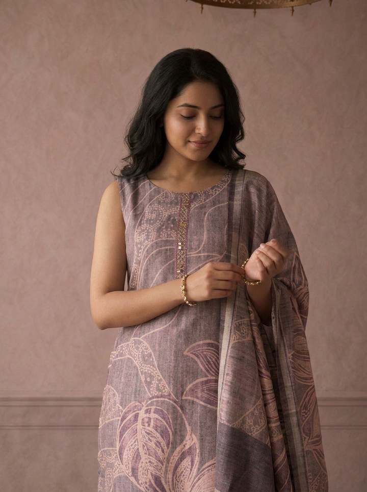 Lavender Silk Tropical Leaf Printed Three Piece Set