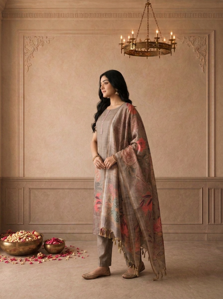 Brown Silk Tropical Floral Placement Printed Three Piece Set