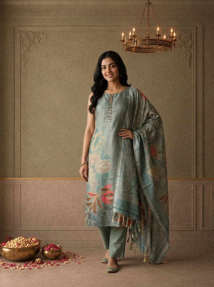 Sea Green Silk Tropical Floral Placement Printed Three Piece Set