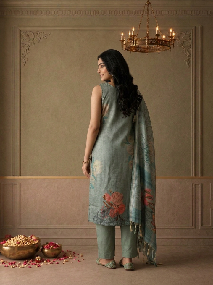 Sea Green Silk Tropical Floral Placement Printed Three Piece Set
