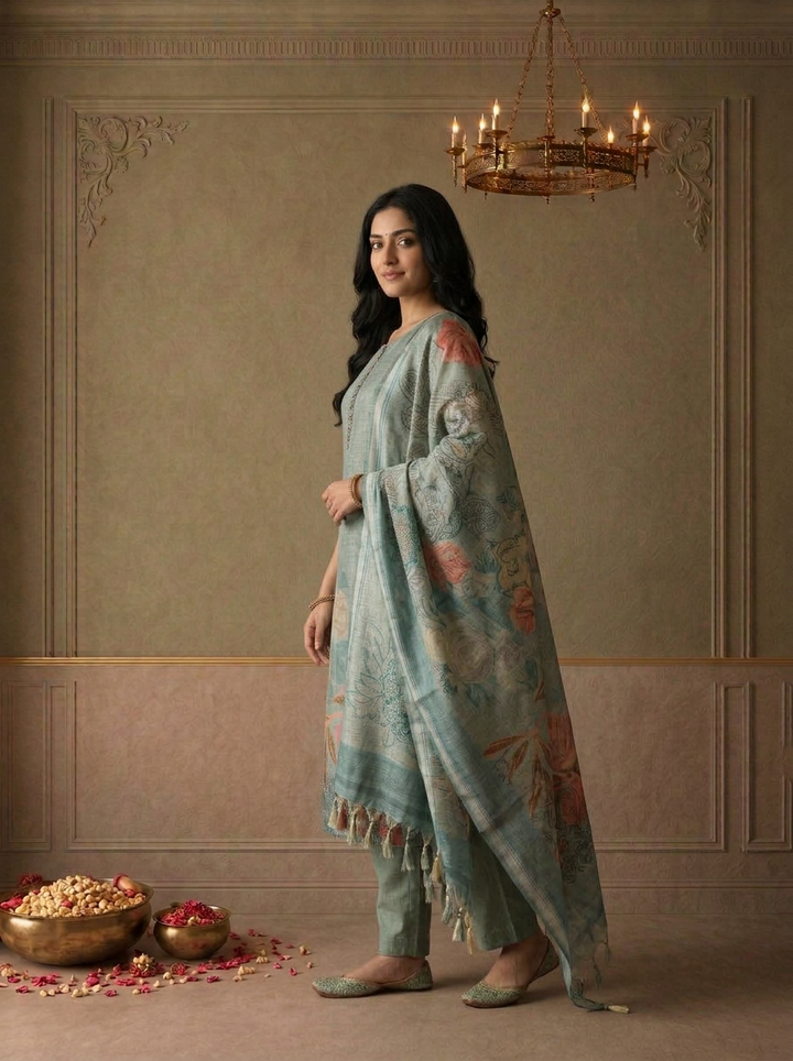Sea Green Silk Tropical Floral Placement Printed Three Piece Set