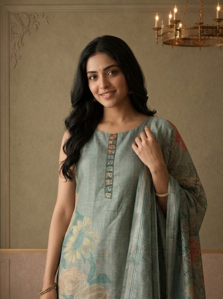 Sea Green Silk Tropical Floral Placement Printed Three Piece Set