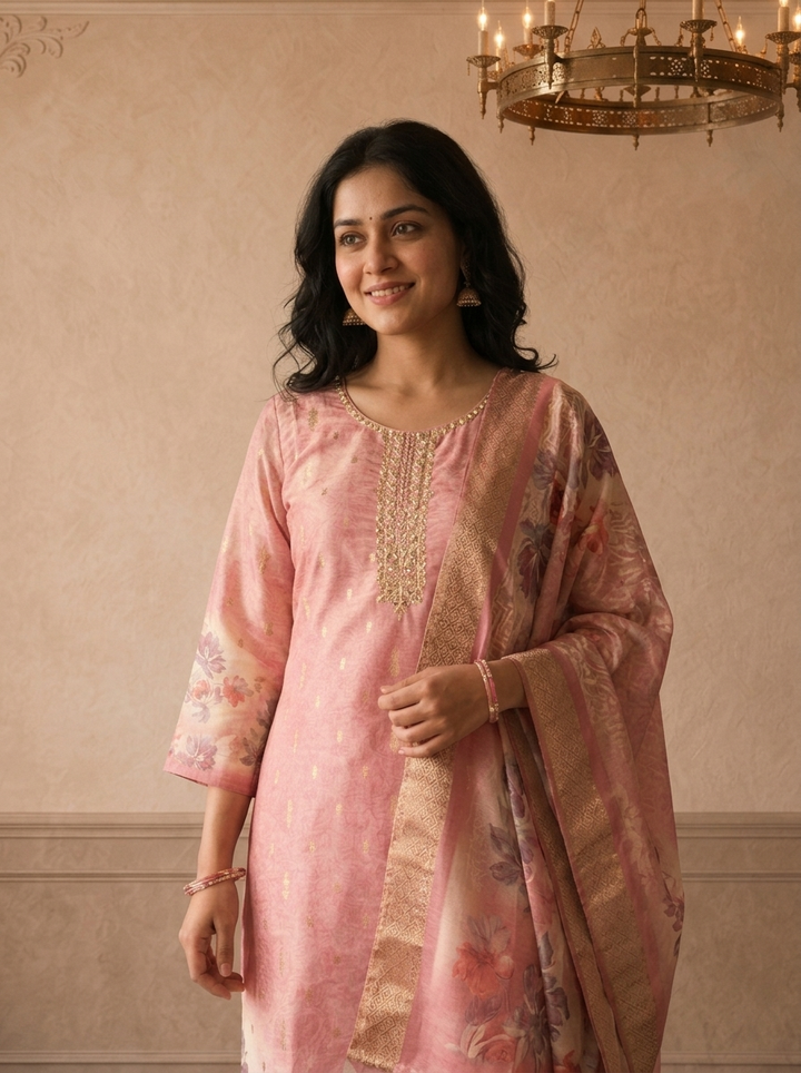 Onion Pink Tissue Vintage Rose Printed Three Piece Set