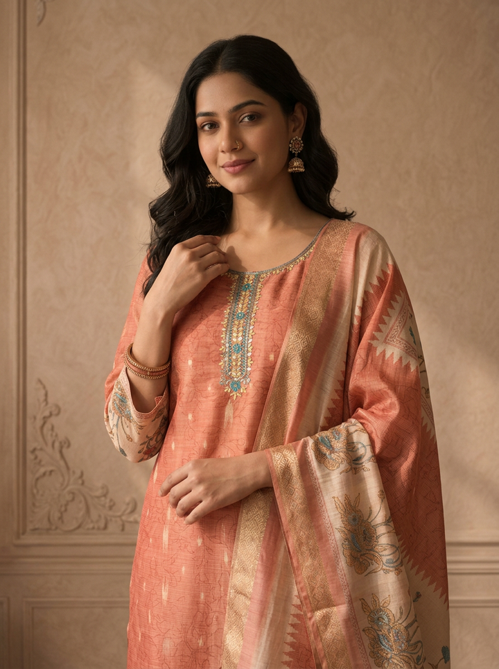Rust Tissue Chintz Floral Printed Three Piece Set