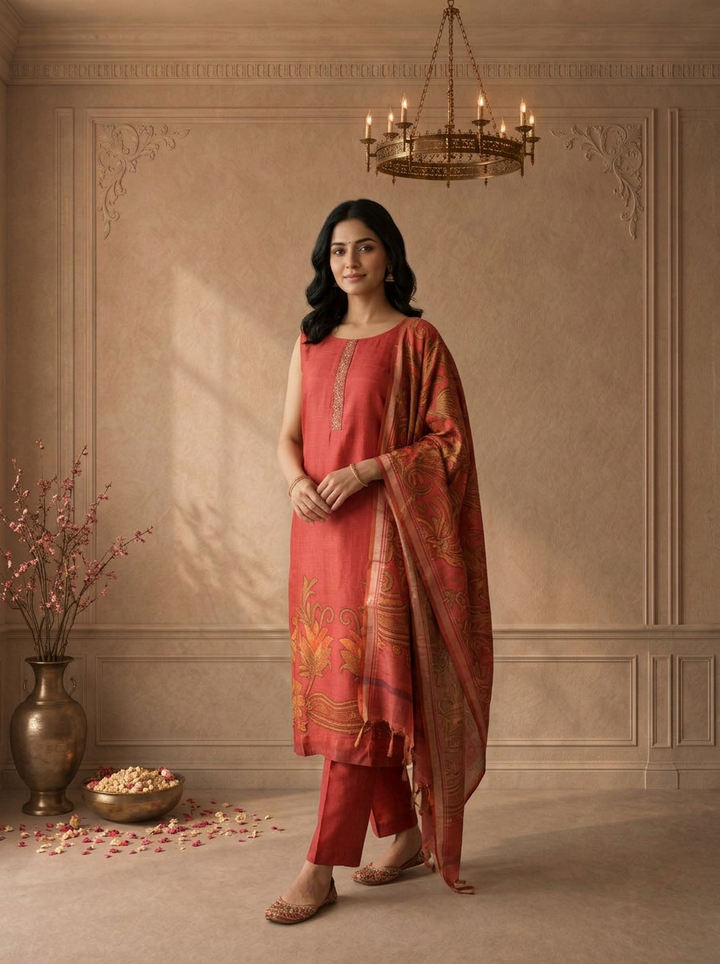 Gajari Silk Batik Floral Printed Three Piece Set