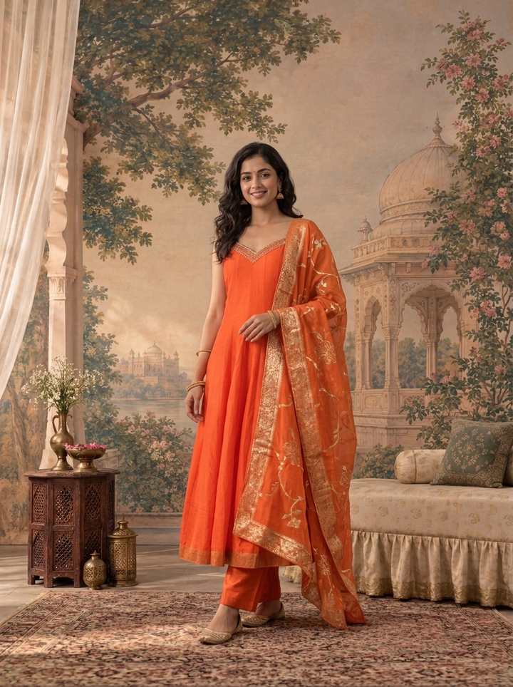 Rust Silk Solid With Zari Floral Weaved Three Piece Set