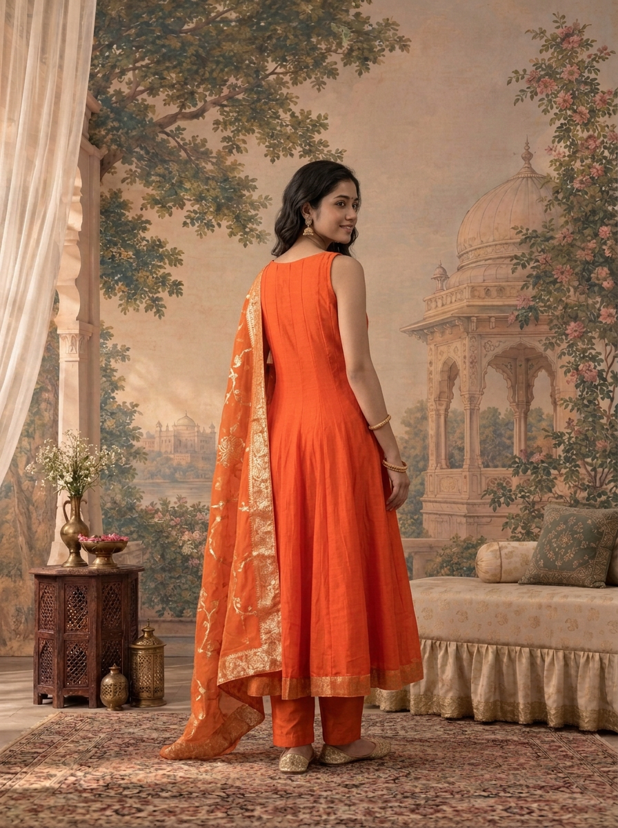 Rust Silk Solid With Zari Floral Weaved Three Piece Set
