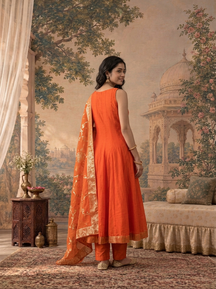 Rust Silk Solid With Zari Floral Weaved Three Piece Set