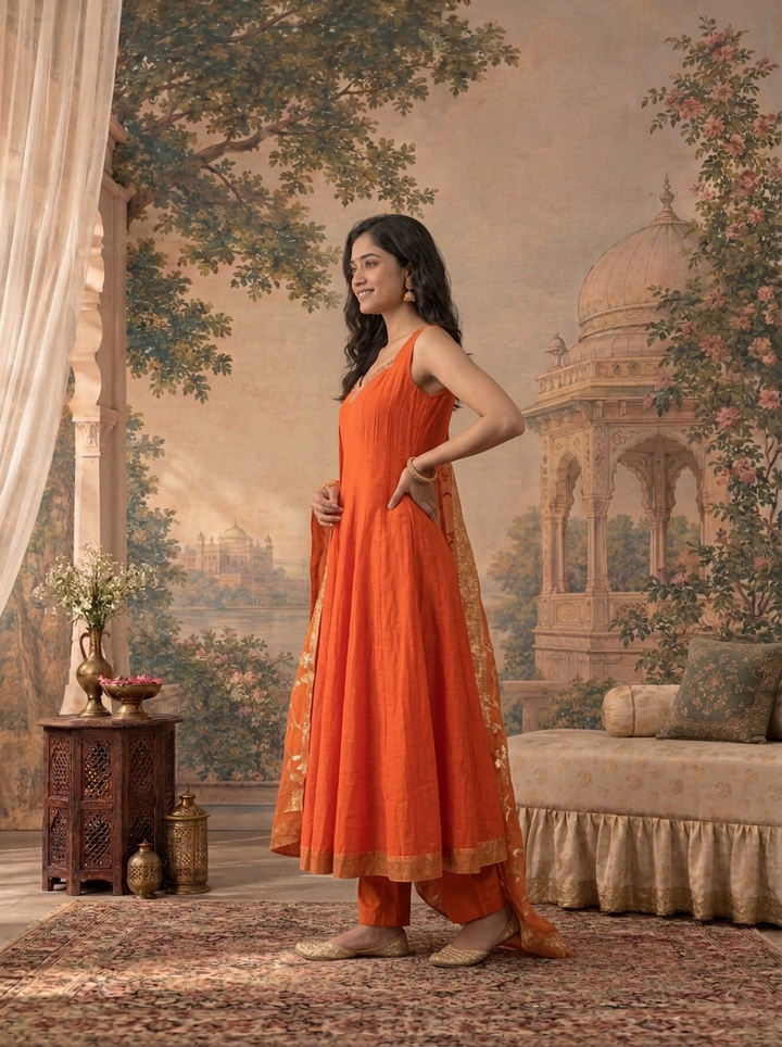 Rust Silk Solid With Zari Floral Weaved Three Piece Set