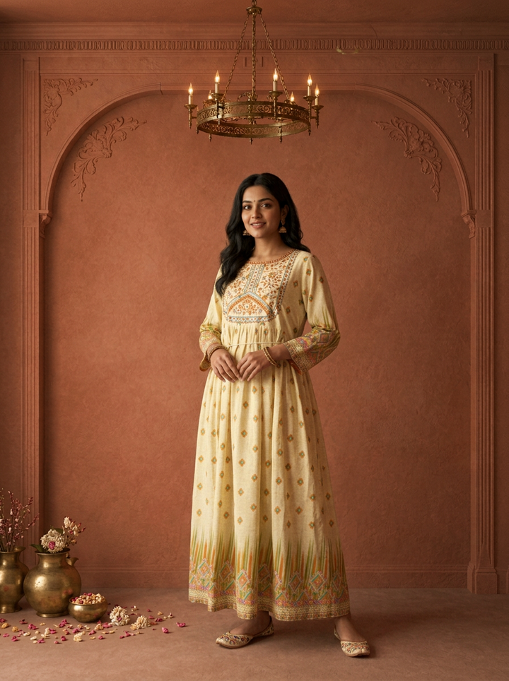 Beige Modal Ikkat Geometric Printed Long Dress