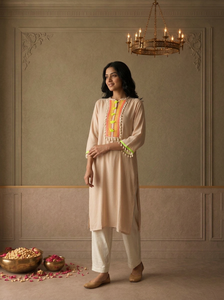 Beige Rayon Solid With Cowrie Shell Tassels Embroidered Kurta