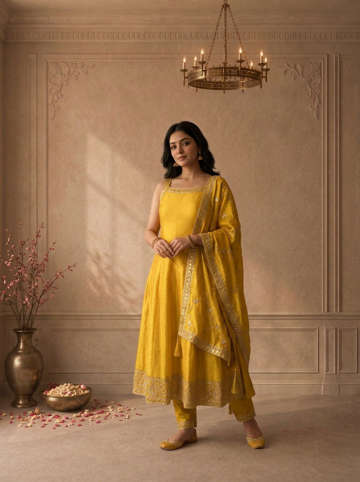 Yellow Silk Zari Paisley Design And Sequins Embroidered Three Piece Set
