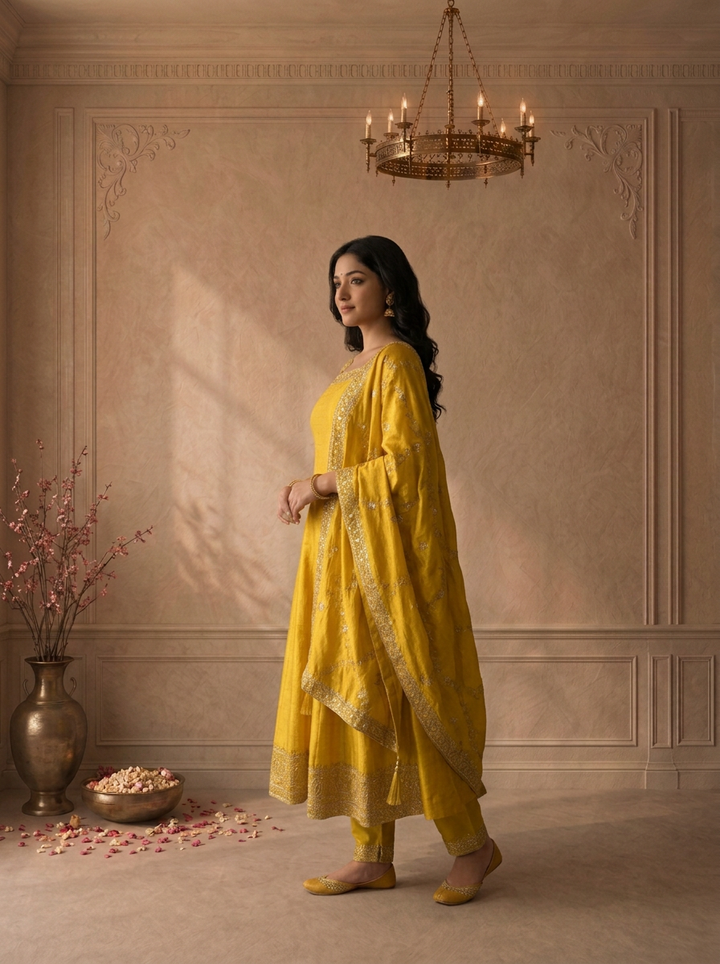 Yellow Silk Zari Paisley Design And Sequins Embroidered Three Piece Set