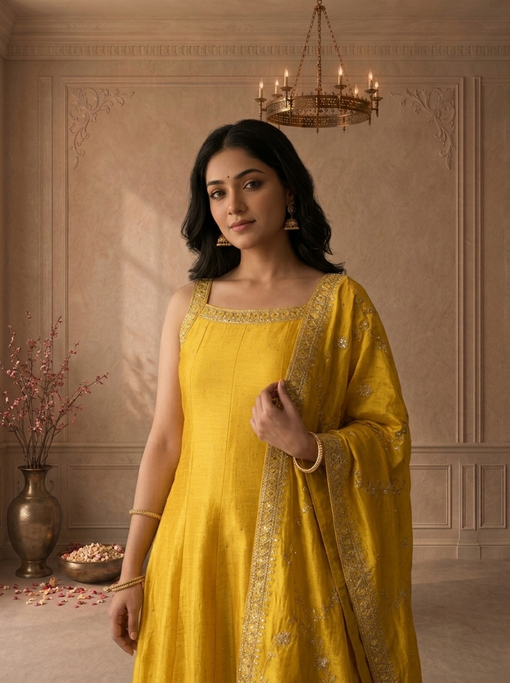 Yellow Silk Zari Paisley Design And Sequins Embroidered Three Piece Set