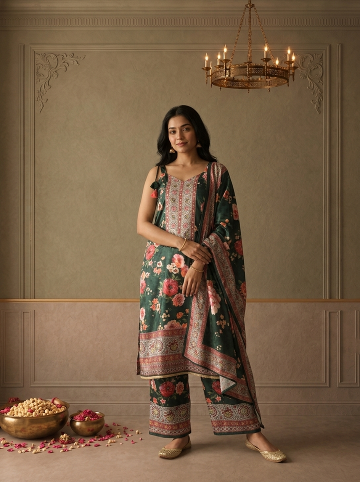 Bottle Green Crepe Floral Digital Printed Three Piece Set