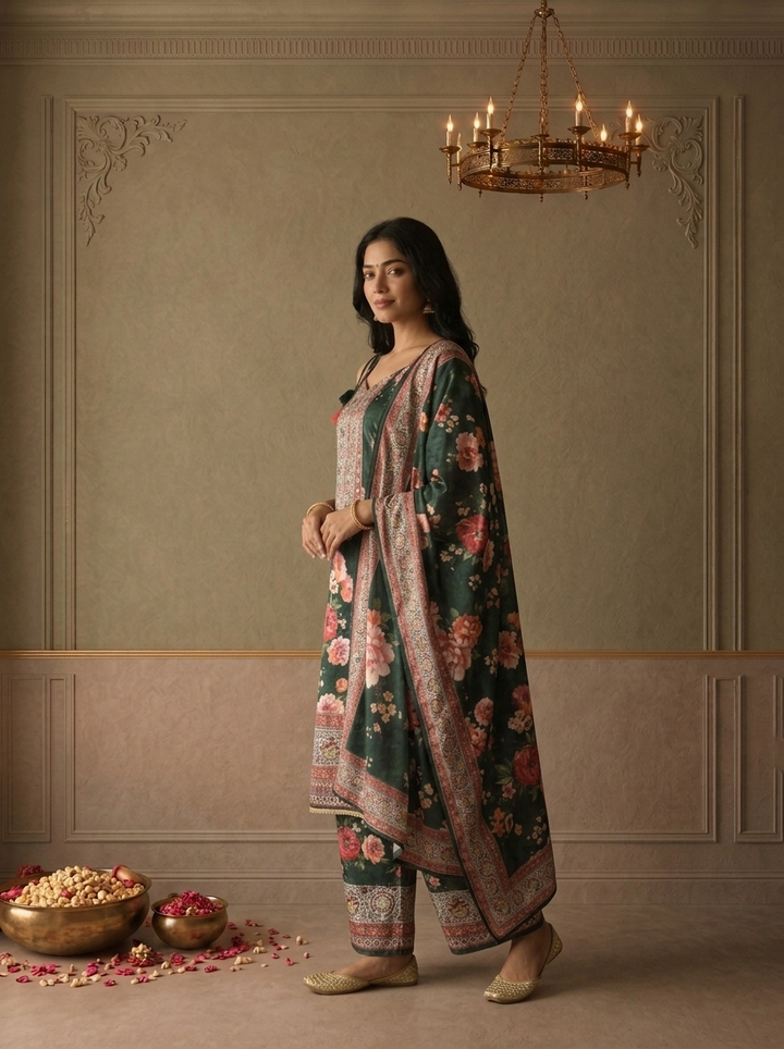Bottle Green Crepe Floral Digital Printed Three Piece Set