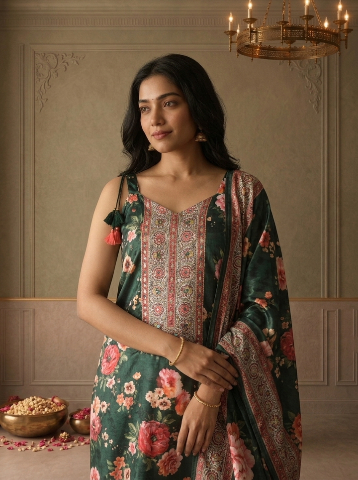 Bottle Green Crepe Floral Digital Printed Three Piece Set