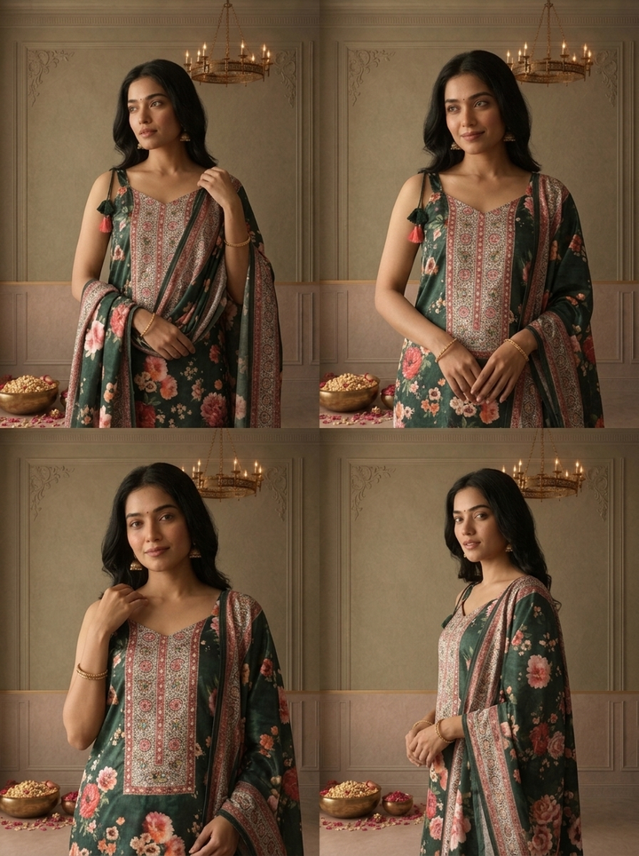 Bottle Green Crepe Floral Digital Printed Three Piece Set