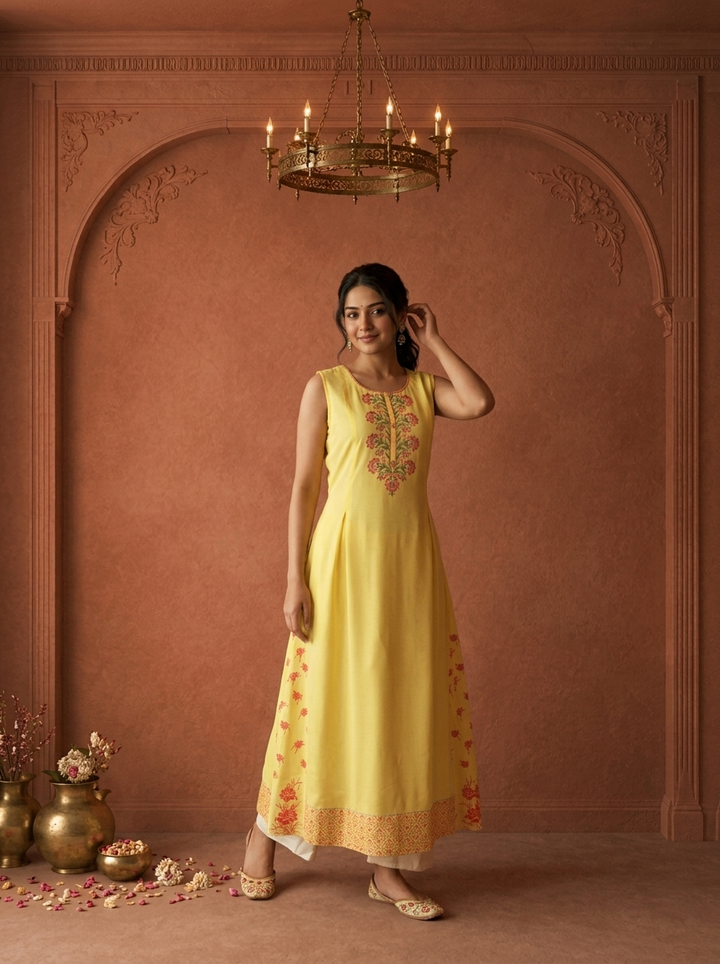 Yellow Rayon Rose Bunch Printed Kurta
