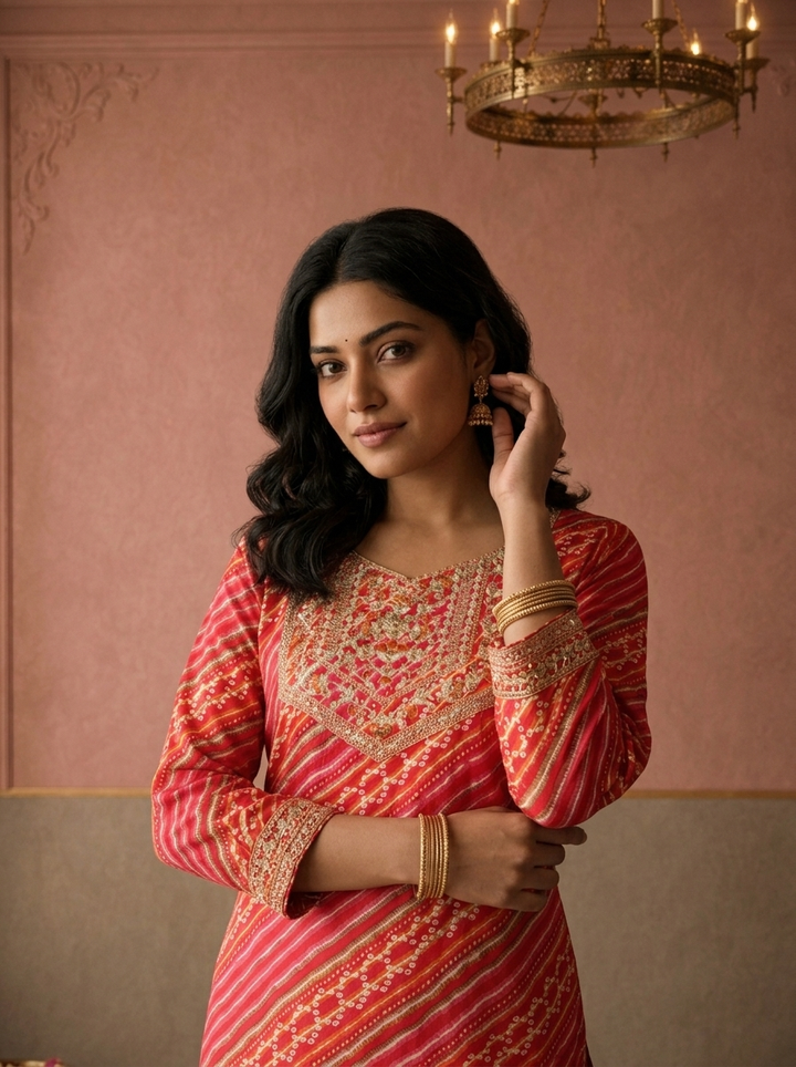 Pink Rayon Diagonal Leheriya Printed Kurta