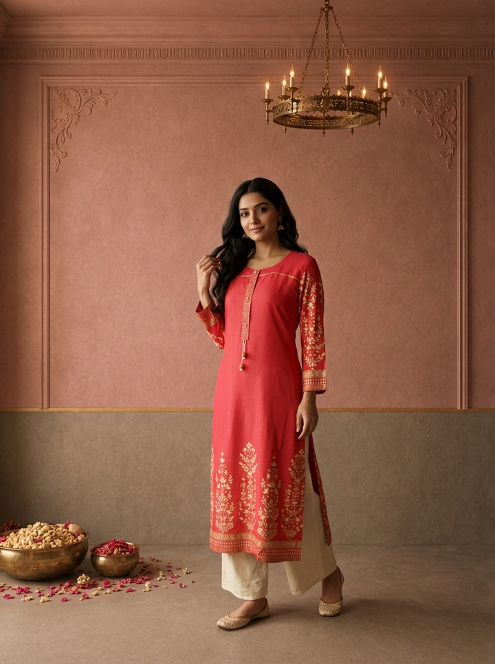 Magenta Rayon Foil Floral Printed Kurta