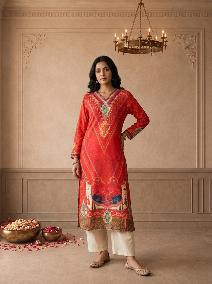 Red Muslin Mughal Paisley Digital Printed Kurta