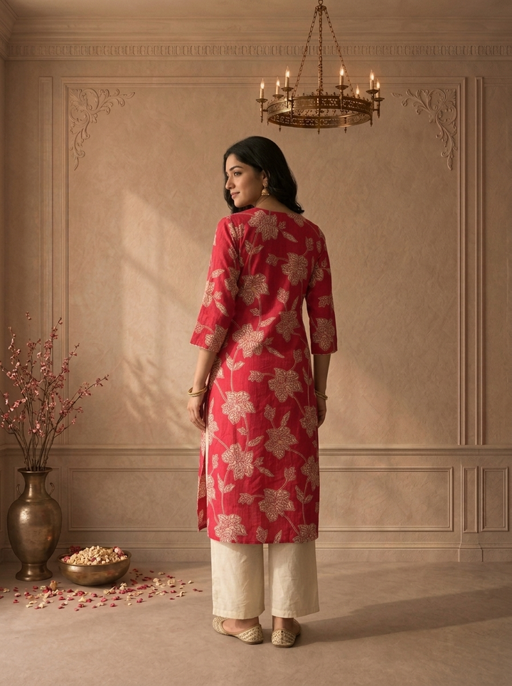 Magenta Muslin Floral Vine Printed Kurta