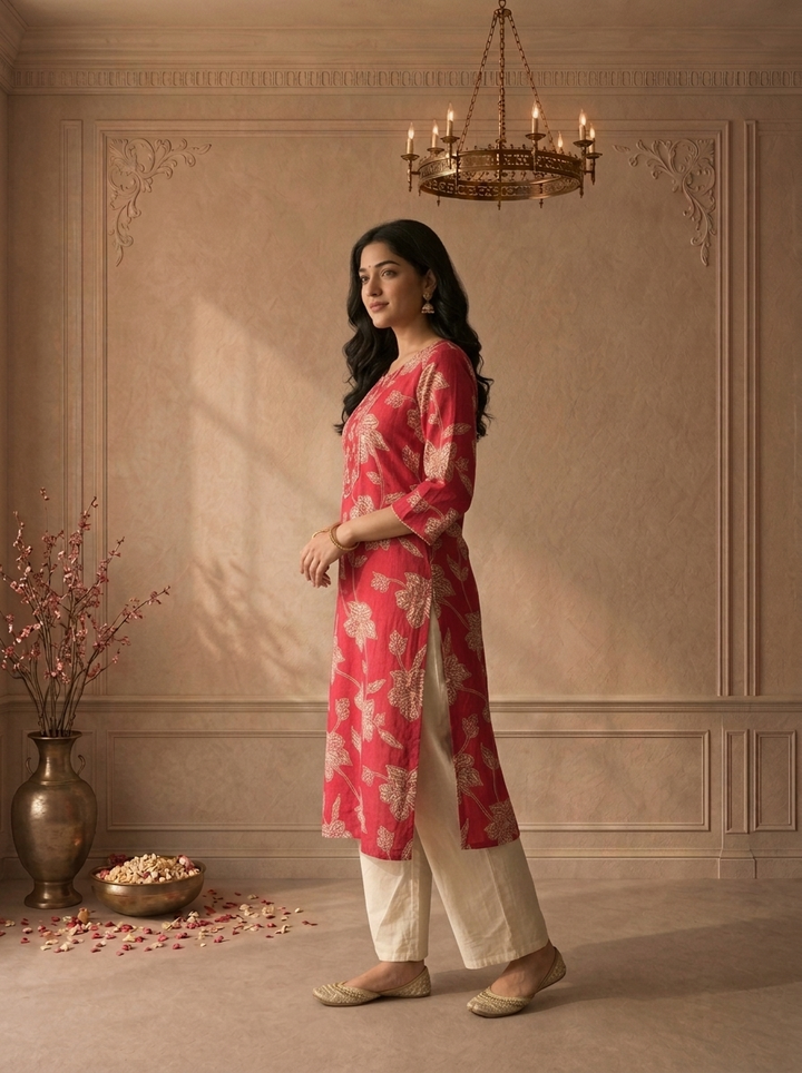 Magenta Muslin Floral Vine Printed Kurta